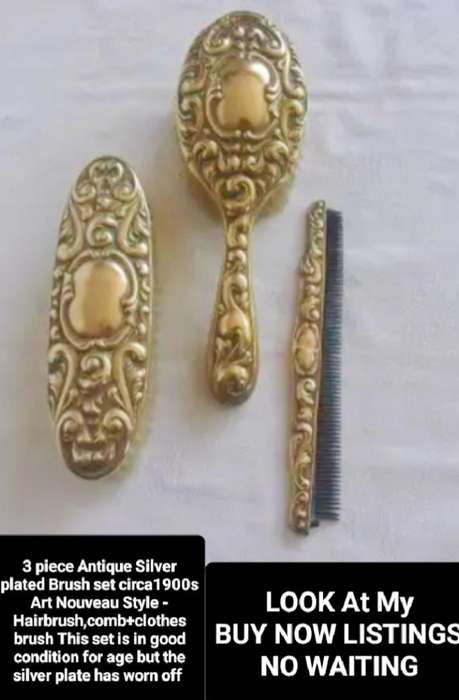 1900s Antique Art Nouveau Clothes Brush+Brush+Comb Set -Silver Plated all lost -Showing ware