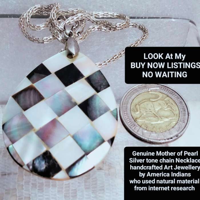 Genuine organic Check Mother Of Pearl Pear Shape PENDANT+Chain Silver tone -American Red Indian ART