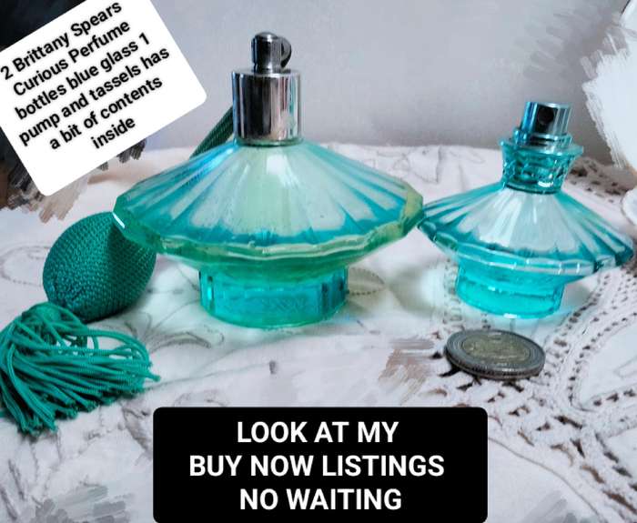 2 Perfume bottles Britney Spears blue glass 1has tassel+pump EmptyLOOK At My BUY NOW itemsNO WAITING