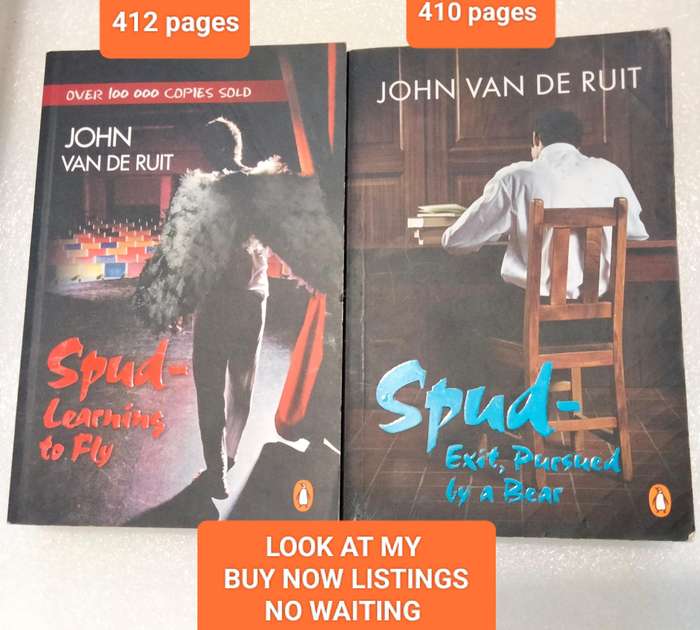 2 books -Author John Van De Ruit SPUD Learning to Fly+Exit,Pursued by a Bear- Pre-owned -Softcover