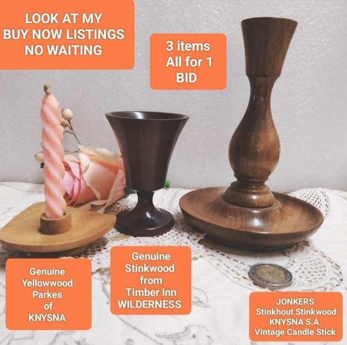 KNYSNA genuine Stinkwood -Wilderness Inn Chalice+1JONKERS candle Stick+1Yellowwood small candlestick
