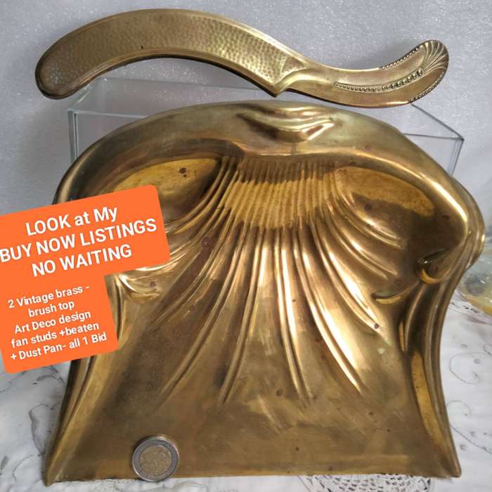 Art Deco BRASS DUST PAN 1 Vintage- BELDREY England+1 Brush - showing ware