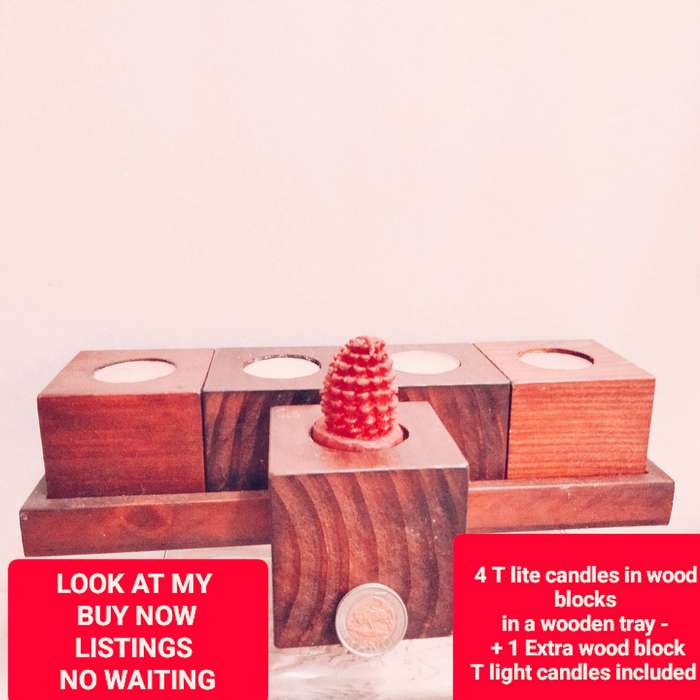 4 Wood block Candle Holders +Tray +1 Extra block - Includes T candles LOOK At My BUY NOW NO WAITING