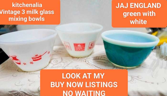3 Milk Glass Mixing Bowls Decor Novelty green JAJ England LOOK AT MY BUY NOW LISTINGS NO WAITING