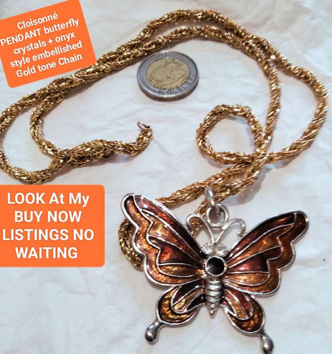 NECKLACE Butterfly Cloisonné Crystals + Onyx  stone chain gold tone LOOK At My BUY NOW LISTING