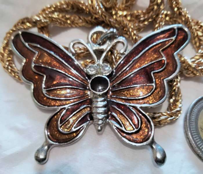 NECKLACE Butterfly Cloisonné Crystals + Onyx  stone chain gold tone LOOK At My BUY NOW LISTING