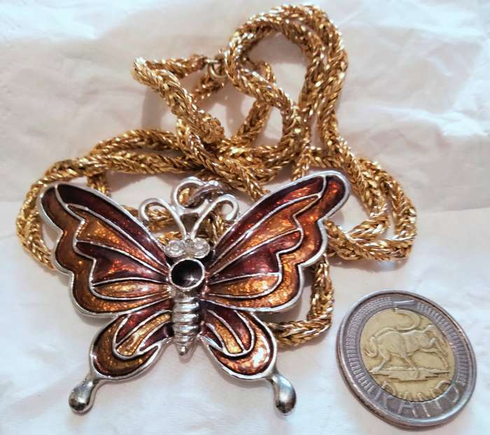NECKLACE Butterfly Cloisonné Crystals + Onyx  stone chain gold tone LOOK At My BUY NOW LISTING
