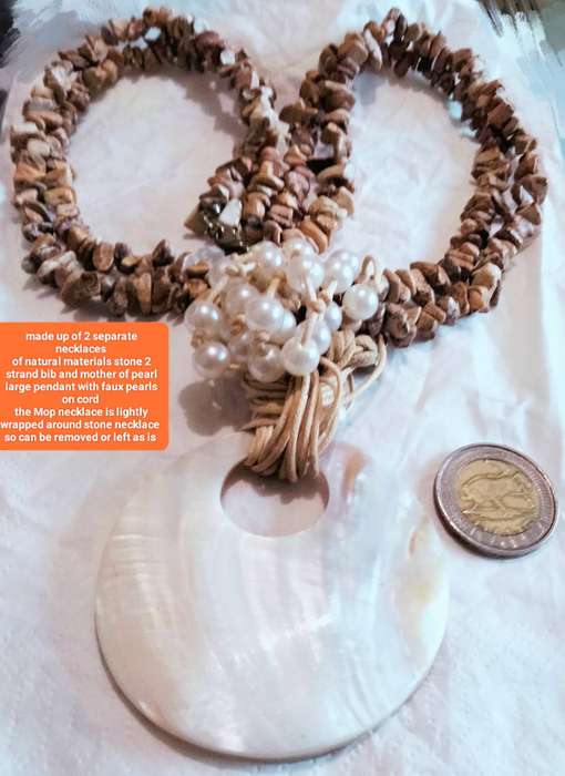 Necklaces 2 separate Now 1-Lots polished chip gemstones+1 Large Mother Of Pearl+faux pearls on cord