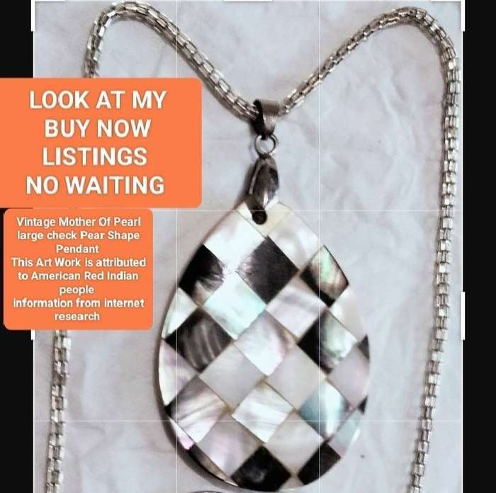 Genuine organic Check Mother Of Pearl Pear Shape PENDANT+Chain Silver tone -American Red Indian ART