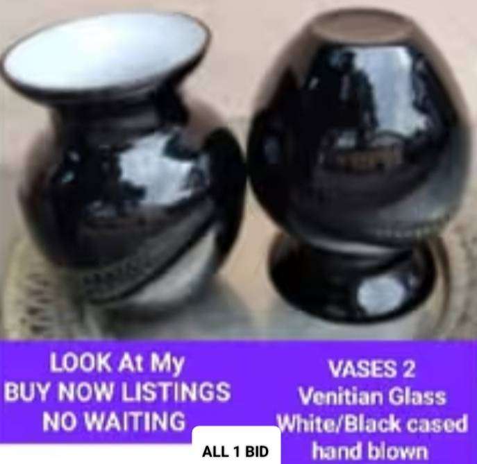Vases 2 Venitian Glass Black/White cased Hand Blown Look at my Buy Now listings No Waiting
