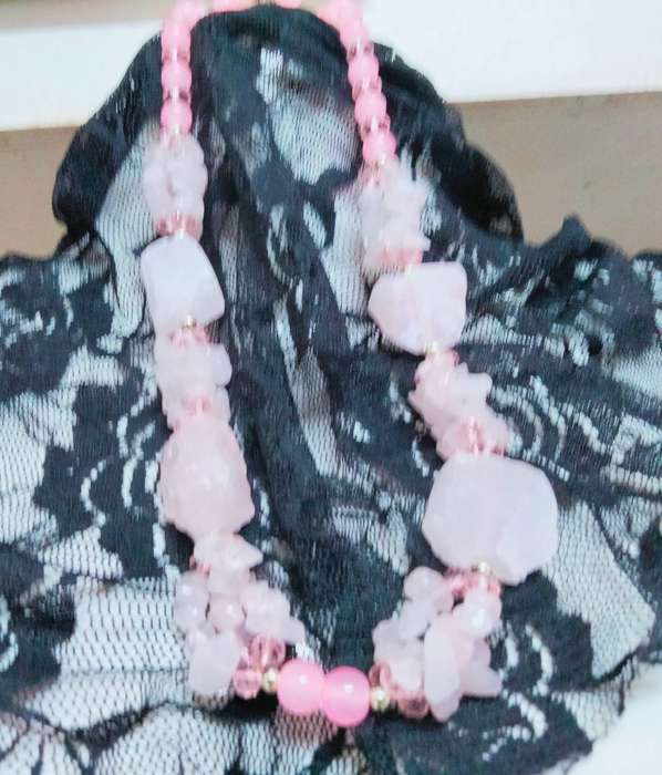 Necklace-Rose Quartz 4 DRUZY +6 drops Chips Pink faceted Cut glass Crystals