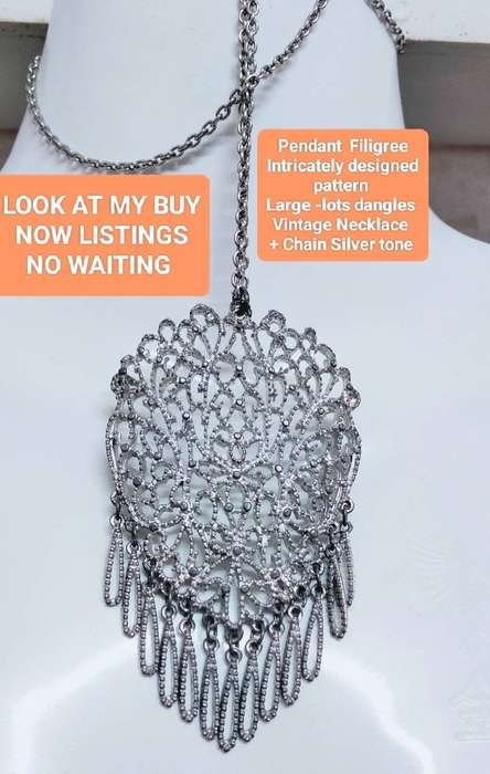 Necklace Pendant FILIGREE Intricate patt. Silver tone meta+Chain LOOK At My BUY NOW ltems NO WAITING