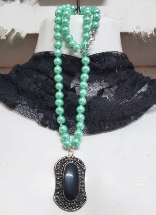 Pearls faux Aqua+Pendant Tibetan style Black onyx fauxLOOK At My BUY NOW LISTINGS NO WAITING