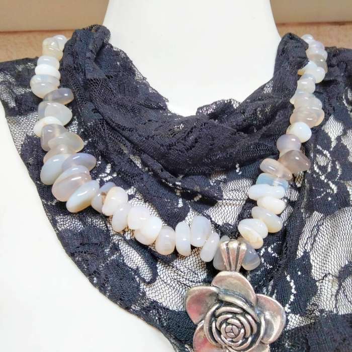 Necklace QUARTZ smokey+milky irregular semi-precious gemstone pendant large rose silver tone metal