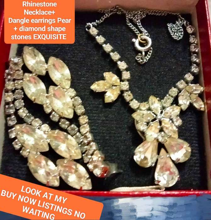 Vintage Necklace+dangle Earrings Rhinestones Pear Diamond square Shapes