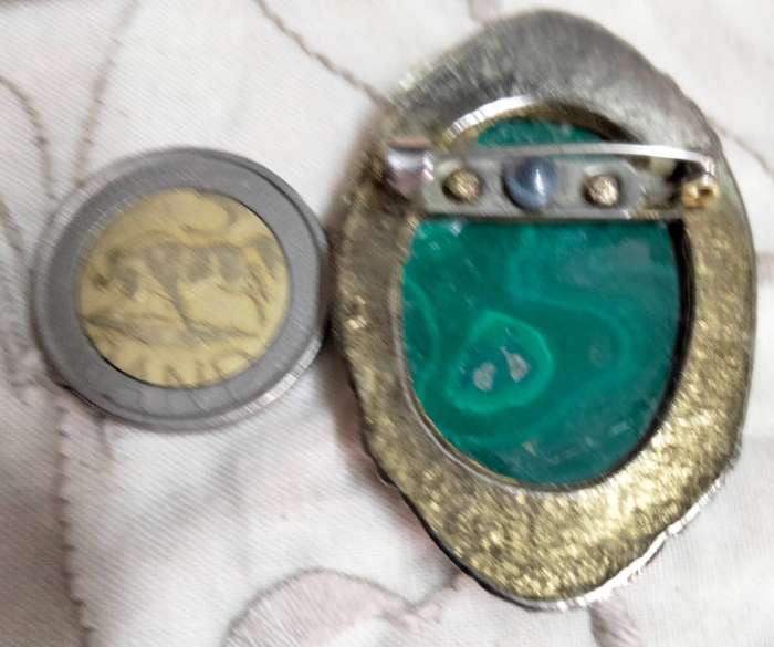 Vintage Purse Expanding Gate top Purse+ BROOCH Polished MALACHITE Gemstone crack Gold tone