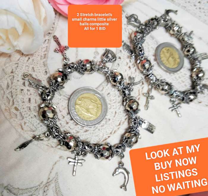 Bracelets 2 Stretch charms silver colour+Purse pearls fauxLOOK at my Buy Now items No Waiting