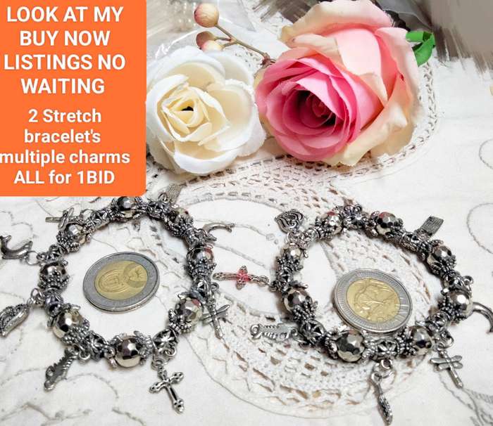Bracelets 2 Stretch charms silver colour+Purse pearls fauxLOOK at my Buy Now items No Waiting