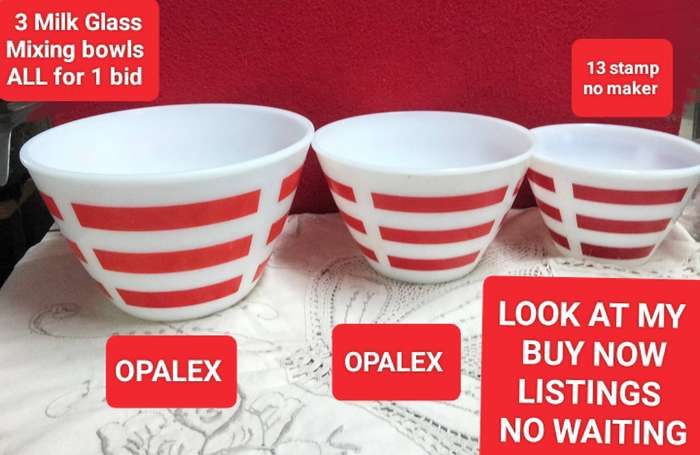 3  Mixing bowls Milk Glass Red stripe 2 OPALEX+1 bottom stamp 13LOOK At My BUY NOW - NO WAITING