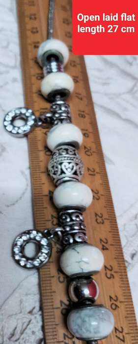 Necklace Europe Marbled glass beads core Sterling Silver stamp 925- Silver tone spacers+Snake chain