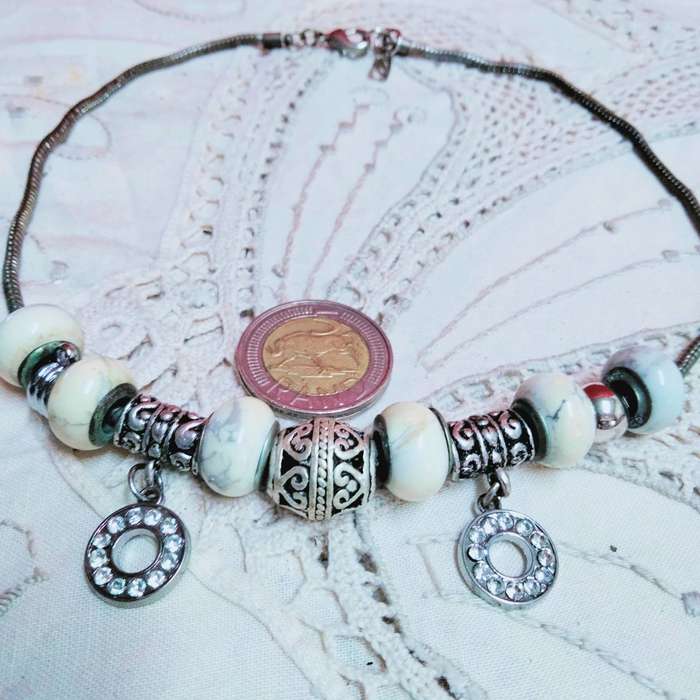 Necklace Europe Marbled glass beads core Sterling Silver stamp 925- Silver tone spacers+Snake chain