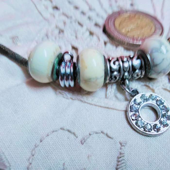 Necklace Europe Marbled glass beads core Sterling Silver stamp 925- Silver tone spacers+Snake chain