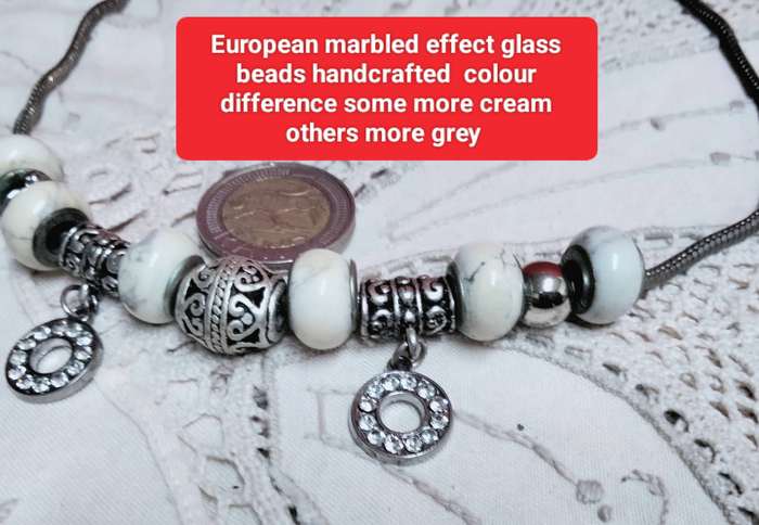 Necklace Europe Marbled glass beads core Sterling Silver stamp 925- Silver tone spacers+Snake chain