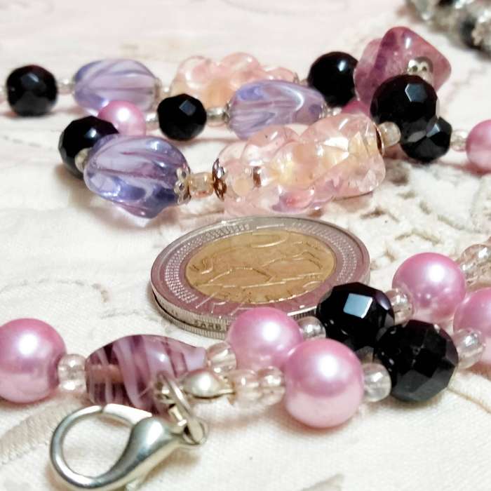 Necklace Murano Italy-Glass lampwork handcrafted beads 3 big Pink Purple gold foil+swirl+faux pearl