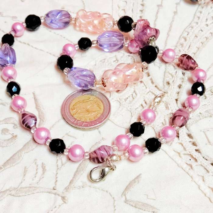 Necklace Murano Italy-Glass lampwork handcrafted beads 3 big Pink Purple gold foil+swirl+faux pearl