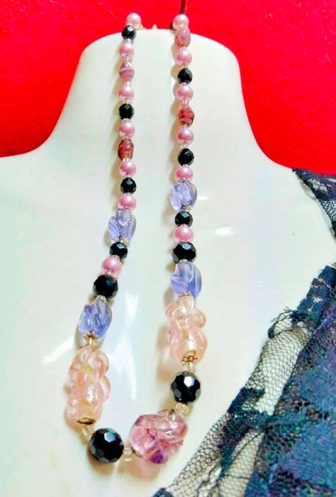 Necklace Murano Italy-Glass lampwork handcrafted beads 3 big Pink Purple gold foil+swirl+faux pearl