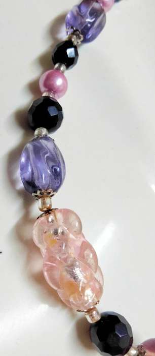 Necklace Murano Italy-Glass lampwork handcrafted beads 3 big Pink Purple gold foil+swirl+faux pearl