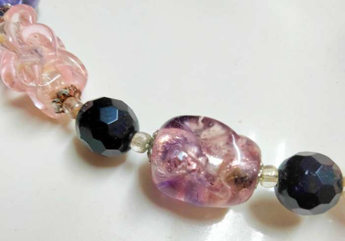 Necklace Murano Italy-Glass lampwork handcrafted beads 3 big Pink Purple gold foil+swirl+faux pearl