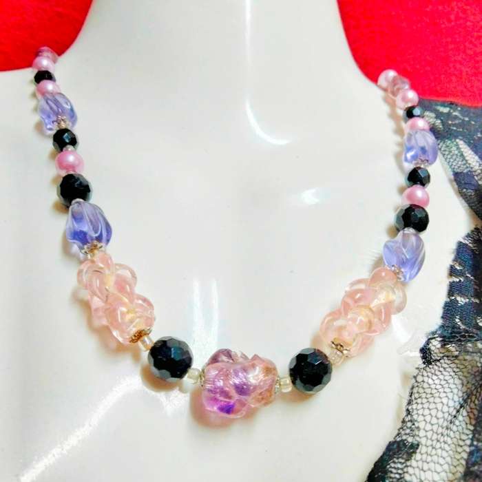 Necklace Murano Italy-Glass lampwork handcrafted beads 3 big Pink Purple gold foil+swirl+faux pearl