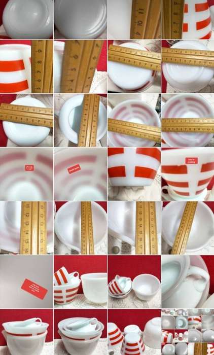 4 Milk Glass Mixing Bowls-Sunbeam 22-2Red Stripe 1no.13 no maker+sauceLOOK At My BUY NOW  NO WAITING