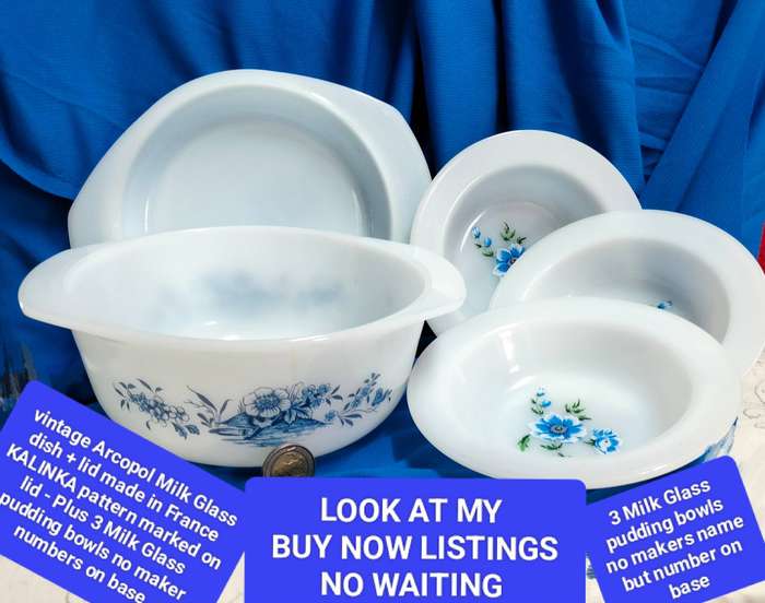 4 Milk Glass 1 Arcopol France Casserole dish+lid KALINKA+3 small bowlLOOK At My BUY NOW - NO WAITING