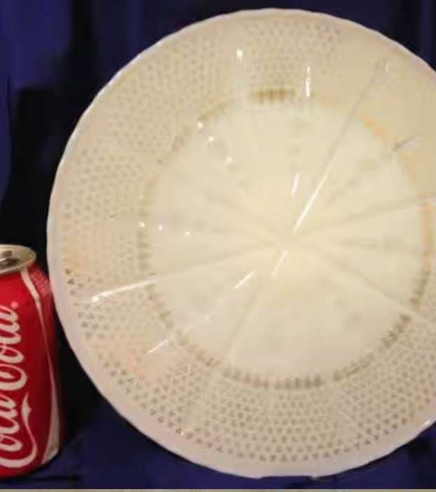 Milk Glass Tazz-CAKE Stand Pedestal base -Gold fleur de Lys -showing ware BUY NOW LISTING NO WAITING