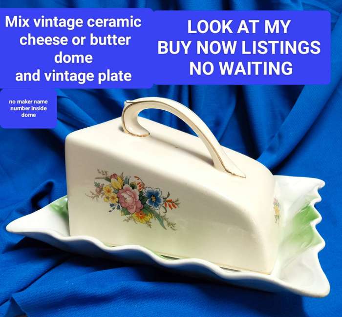 Vintag ceramic mix-Cheese or butter dome+square plate scallop Edge At My BUY NOW items NO WAITING