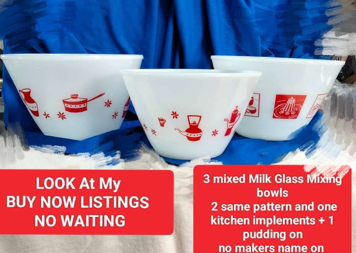 Mix-3 Milk Glass Mixing bowls 2 implement patterns+1 pudding  LOOK At My BUY NOW NO WAITING