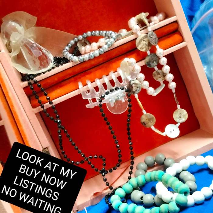 9 items Jewellery box 2 Necklaces Mother of pearl+black Crystals Jet 4 bracelet+1 angel+1 hairclip