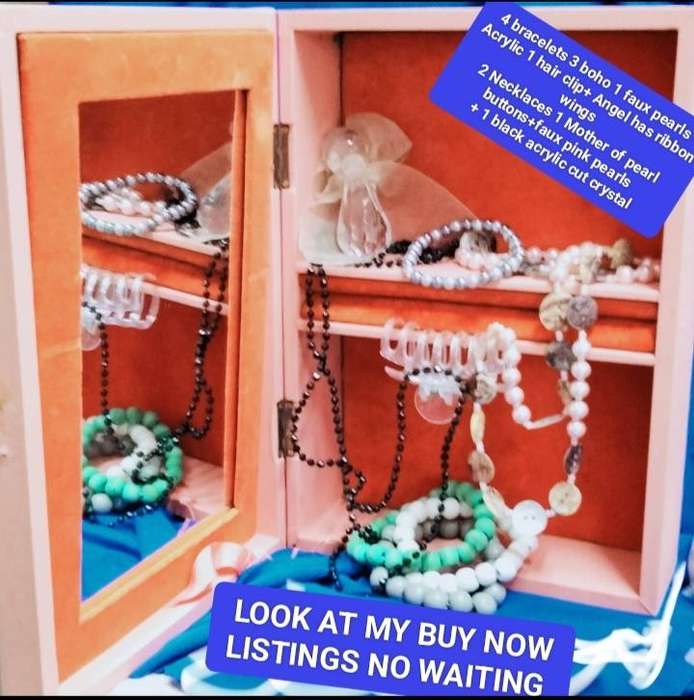 9 items Jewellery box 2 Necklaces Mother of pearl+black Crystals Jet 4 bracelet+1 angel+1 hairclip
