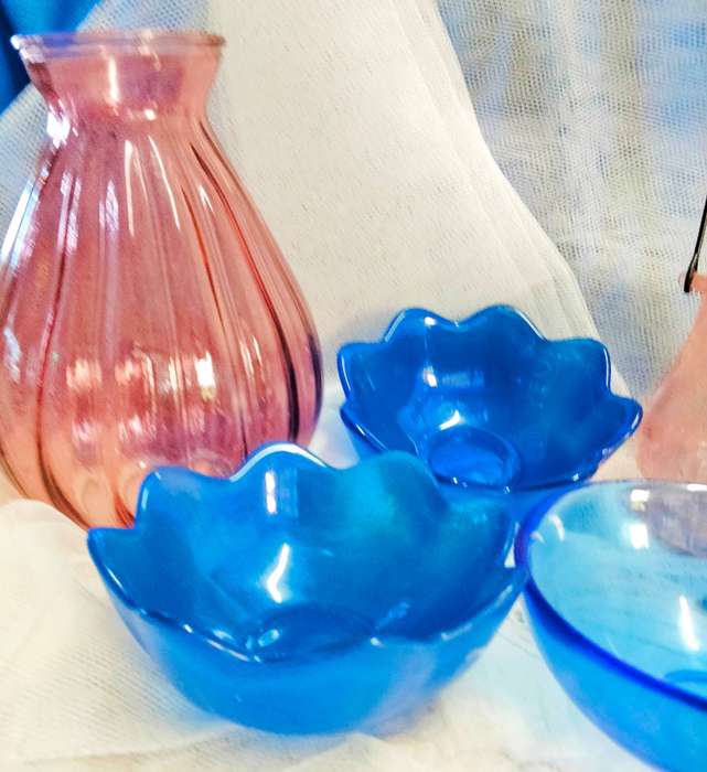5 glass mix 1 Vase pink ribbed China+1  glass candle holder has handle butterfly+3 glass Cobolt dish