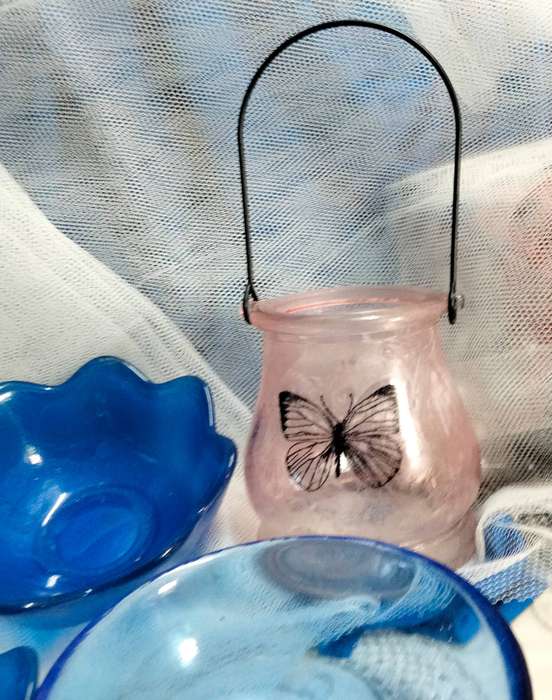 5 glass mix 1 Vase pink ribbed China+1  glass candle holder has handle butterfly+3 glass Cobolt dish