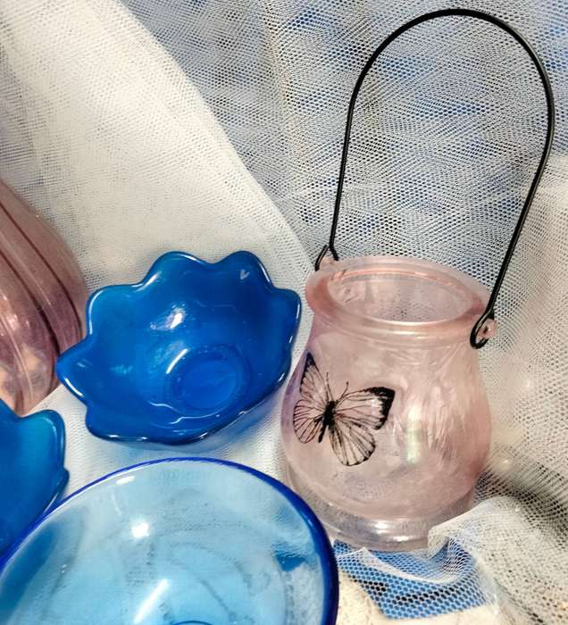 5 glass mix 1 Vase pink ribbed China+1  glass candle holder has handle butterfly+3 glass Cobolt dish