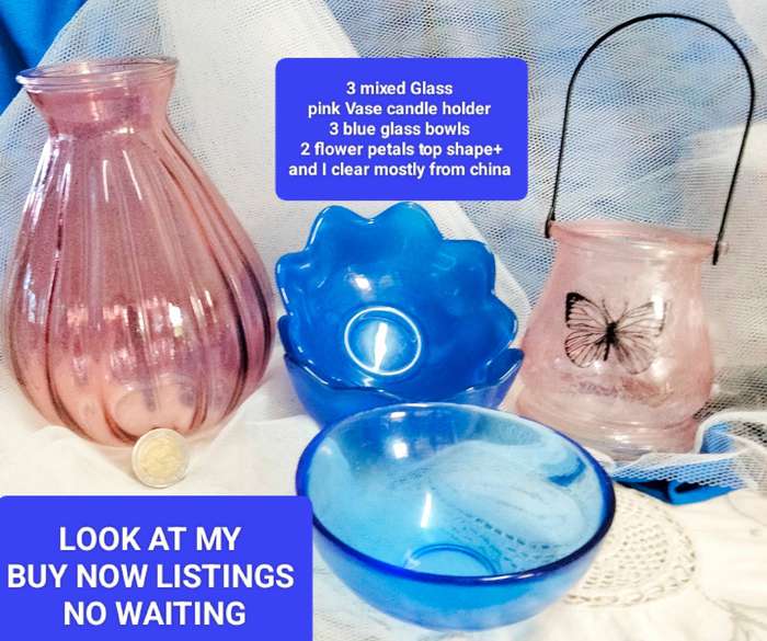 5 glass mix 1 Vase pink ribbed China+1  glass candle holder has handle butterfly+3 glass Cobolt dish