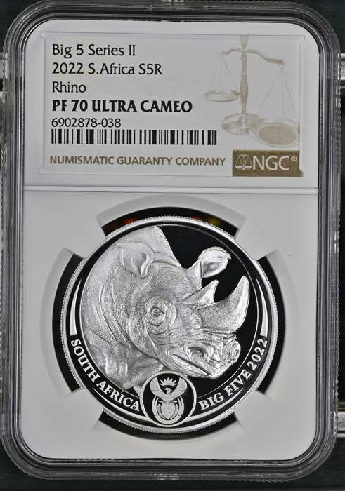South Africa: Republic 1oz Silver R5 Big 5  Rhino of 2022 Proof 70 Ultra Cameo NGC Graded Proof PF70