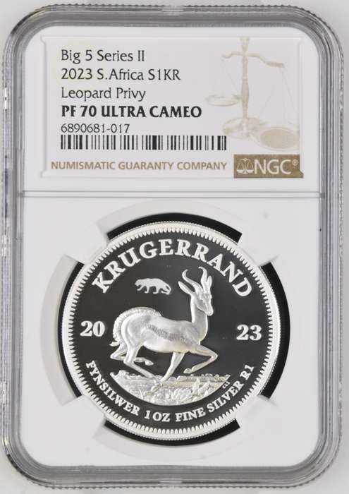 South Africa: Silver R5 (1oz) Leopard of 2023 PF 70 NGC.