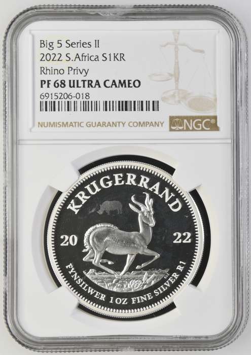 South Africa  Republic 1oz Silver R5 Big 5  Rhino of 2022 Proof 68 Ultra Cameo NGC Graded Proof PF68