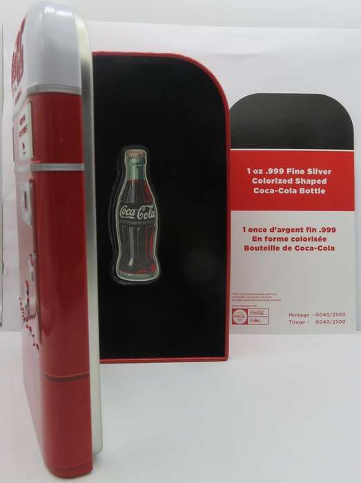 Coca-Cola® Vintage 1oz Silver Colourised Bottle With Stunning Coca Cola Money Box Tin & COA.