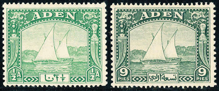 Aden - 1937 - Dhow Defins - ½a yellow-green & 9p deep green mint hinged . SG 1-2 .
