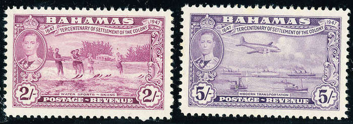 Bahamas - 1948 - Tercentenary of Settlement - 2s, 5s unused no gum . SG 189, 191 .